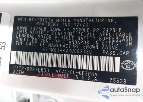 2024 Toyota Camry Xse z USA, uszkodzony, nr VIN 4T1K61AK2RU882139